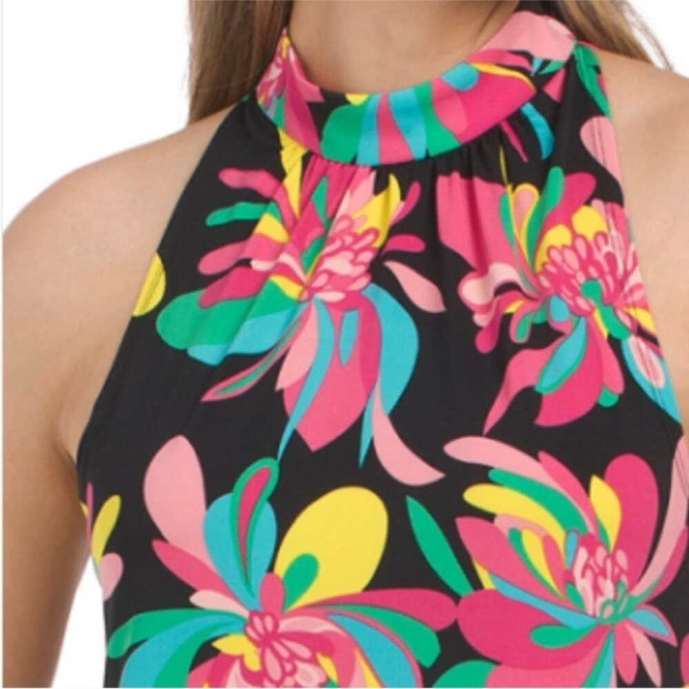 NWT TRINA TURK Halter Dress L Hana Hou Vibrant Black Tropical Floral Resortwear - Picture 3 of 13